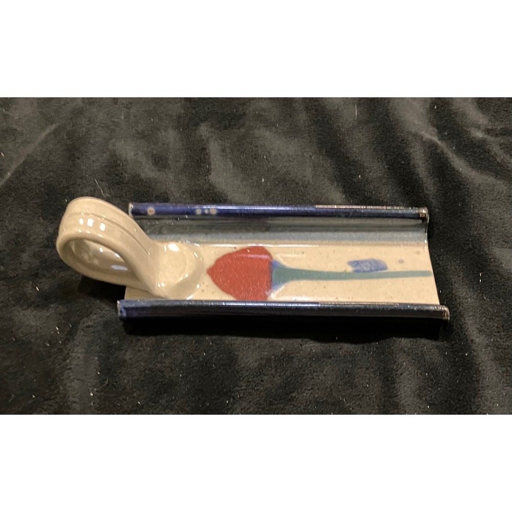 Butter Sled Studio Art Spoon Rest Cream Blue Red Flower Ceramic Handcrafted